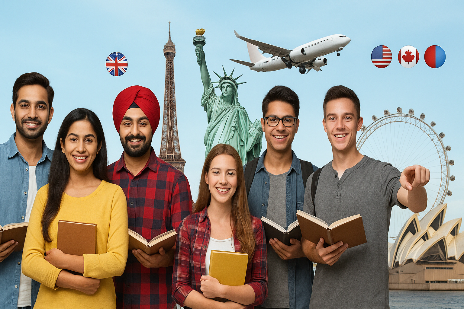 Diverse students celebrating success with world map in background